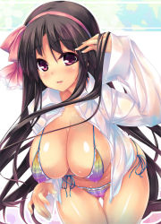 Rule 34 | 1girl, bikini, black hair, blush, bow, breasts, cameltoe, cleavage, collarbone, covered erect nipples, dress shirt, female focus, fingernails, front-tie top, hair bow, hair ribbon, hanging breasts, hip focus, large breasts, leaning forward, lips, long hair, long sleeves, looking at viewer, momoiro guardian, o-ring, o-ring top, open clothes, open shirt, purple eyes, ribbon, shimakaze (soundz of bell), shiny skin, shiromiya shizuku, shirt, side-tie bikini bottom, solo, swimsuit, thigh gap, thighs, wet, wide hips