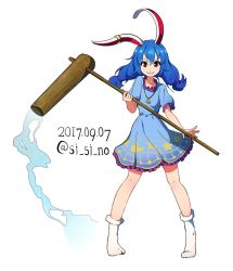 Rule 34 | 1girl, animal ears, bad id, bad twitter id, blue hair, crescent, dated, dress, earclip, full body, hair between eyes, holding, jewelry, kine, looking at viewer, mallet, necklace, no shoes, rabbit ears, red eyes, seiran (touhou), shishi osamu, short sleeves, simple background, smile, socks, solo, standing, star (symbol), touhou, twintails, twitter username, white background, white socks