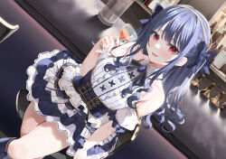 Rule 34 | 1girl, arm at side, bar (place), black bow, black ribbon, blue gemstone, blue hair, blush, bow, center frills, commentary request, crossed legs, cup, detached sleeves, drinking glass, eyelashes, feet out of frame, fingernails, frilled shirt, frills, gem, hair between eyes, hair bow, hand up, hashtag-only commentary, highres, holding, holding cup, indie virtual youtuber, indoors, long hair, looking at viewer, miniskirt, nail polish, neck ribbon, on chair, open mouth, petticoat, red eyes, ribbon, seijo namuu, shirt, short sleeves, sitting, skirt, sleeveless, sleeveless shirt, smile, solo, tongue, two side up, virtual youtuber, wavy hair, white shirt, wine glass, yana mori