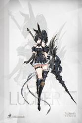 Rule 34 | 1girl, absurdres, armor, bare shoulders, black dress, black gloves, black hair, blue eyes, closed mouth, commentary, dress, elbow gloves, english text, feathers, frilled dress, frills, full body, gloves, greaves, hair over one eye, high ponytail, highres, holding, holding polearm, holding weapon, horns, jugyeom, lance, leg armor, looking to the side, original, polearm, ponytail, short dress, short hair, shoulder armor, smile, solo, standing, thigh strap, weapon, white background, zoom layer