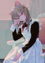 Rule 34 | 1girl, animal ears, apron, arm support, blonde hair, blush, bow, chair, expressionless, fkey, head tilt, highres, long hair, looking at viewer, looking to the side, maid, original, red bow, red eyes, sitting, solo