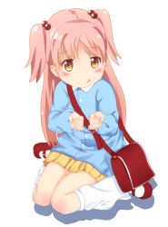 Rule 34 | 1girl, :q, bag, blush, brown eyes, child, cupping hands, full body, hair bobbles, hair ornament, handbag, highres, kindergarten bag, kindergarten uniform, long hair, loose socks, mary janes, mikane sebiri, original, own hands together, pink hair, red footwear, shirogane (seemee), shoes, simple background, sirogane12, skirt, smile, socks, solo, tongue, tongue out, twintails, two side up, white background