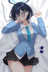 Rule 34 | 1girl, bed sheet, black hair, black skirt, blue-framed eyewear, blue archive, blue cardigan, blue halo, blue necktie, blush, breasts, cardigan, chihiro (blue archive), collared shirt, condom, condom wrapper, cowboy shot, glasses, green eyes, hair ornament, halo, highres, large breasts, long sleeves, necktie, pillow, pleated skirt, raimu (clanberry000), shirt, short hair, skirt, solo, white shirt
