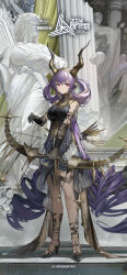 1girl absurdres ambience_synesthesia arknights armored_gloves barefoot black_dress black_horns bow_(weapon) breasts demon_girl demon_horns demon_tail dress gloves grey_gloves hairband han_yijie high_heels highres holding holding_bow_(weapon) holding_weapon horn_ornament horns large_breasts long_hair official_alternate_costume official_art official_wallpaper purple_eyes purple_hair purple_hairband sleeveless sleeveless_dress star_(symbol) statue tail typhon_(arknights) very_long_hair weapon