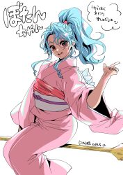 Rule 34 | 1girl, absurdres, arm up, blue hair, botan (yu yu hakusho), broom, broom riding, commentary request, dated, highres, japanese clothes, kimono, looking at viewer, nyapon, obi, pink eyes, pink kimono, ponytail, sash, sidelocks, simple background, smile, translation request, white background, yuu yuu hakusho