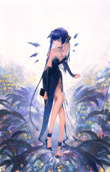 Rule 34 | 1girl, absurdres, annoyed, arknights, bag, bare legs, black horns, blue choker, blue dress, blue eyes, blue footwear, blue hair, breasts, choker, cleavage, cocktail dress, collarbone, commentary, detached sleeves, dress, earrings, energy wings, english commentary, flower, full body, halo, handbag, high heels, highres, horns, jewelry, key earrings, leaning forward, long hair, looking away, medium breasts, mostima (arknights), parted lips, plant, shidai, solo, standing, strapless, strapless dress, teeth, thigh strap, white background, yellow flower
