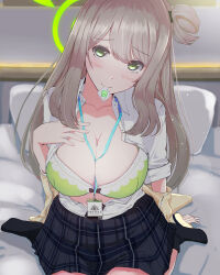 Rule 34 | 1girl, absurdres, arm support, bed, bedroom, bizen kurage, blue archive, blush, bra, breasts, cleavage, collarbone, condom, condom in mouth, green bra, green eyes, green halo, hair bun, halo, hand on own chest, highres, id card, indoors, lanyard, large breasts, light brown hair, long hair, looking at viewer, mouth hold, nonomi (blue archive), on bed, open clothes, open shirt, plaid, plaid skirt, shirt, single hair bun, sitting, skirt, socks, solo, underwear, wariza, white shirt