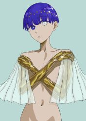 Rule 34 | 1other, androgynous, aqua background, bad id, bad pixiv id, blue eyes, blue hair, blunt bangs, colored eyelashes, crystal hair, golden arms, heterochromia, houseki no kuni, looking at viewer, nude, phosphophyllite, phosphophyllite (ll), short hair, solo, spoilers, upper body, white eyes