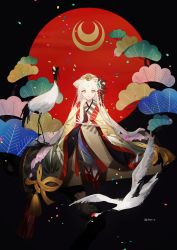 Rule 34 | 1girl, absurdres, animal, bird, black background, blunt bangs, brown eyes, closed mouth, commentary, confetti, crane (animal), crescent, flat chest, flower, hair flower, hair ornament, hand up, highres, holding, japanese clothes, kaguya (onmyoji), kimono, lipstick, long hair, long sleeves, looking at viewer, makeup, okobo, onmyoji, red-crowned crane, red footwear, sakpi, sandals, sitting, smile, socks, solo, twitter username, white hair, white socks, wide sleeves
