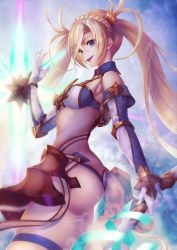 Rule 34 | 1girl, arm shield, ass, bare shoulders, blonde hair, blue eyes, blush, bradamante (fate), braid, breasts, cowboy shot, detached sleeves, elbow gloves, fate/grand order, fate (series), floating hair, french braid, gloves, hair between eyes, hand up, holding, holding lance, holding polearm, holding weapon, lance, leotard, light particles, long hair, looking at viewer, medium breasts, open mouth, polearm, sidelocks, skindentation, sleeve cuffs, smile, solo, take tw01, thigh strap, thighs, twintails, twisted torso, very long hair, weapon, wind