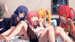 Rule 34 | 4girls, absurdres, ahoge, alternate costume, barefoot, bed, blonde hair, blue eyes, blue hair, bocchi the rock!, bow, bowtie, cube hair ornament, enmaided, feet, feet out of frame, female focus, foot out of frame, gotoh hitori, grin, hair ornament, hand on another&#039;s leg, highres, huge filesize, ijichi nijika, indoors, kita ikuyo, knees up, legs, long hair, looking at another, maid, medium hair, multiple girls, nightstand, orange eyes, petals, pillow, pink hair, plant, potted plant, red hair, school uniform, side ponytail, skirt, sklt (swyt8223), smile, soles, toes, yamada ryo, yellow eyes, yuri
