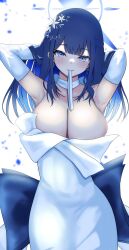 Rule 34 | 1girl, absurdres, armpits, arms behind head, arms up, bare shoulders, black hair, blue archive, blue eyes, breasts, cleavage, dress, elbow gloves, gloves, halo, highres, large breasts, long hair, looking at viewer, mouth hold, nuts (hazel-nuts), official alternate costume, saori (blue archive), saori (dress) (blue archive), seductive gaze, seductive smile, smile, solo, white dress