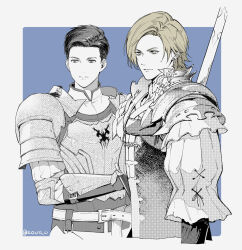 Rule 34 | 2boys, armor, black hair, blonde hair, blue background, border, breastplate, dion lesage, earrings, final fantasy, final fantasy xvi, highres, holding, holding polearm, holding weapon, jewelry, limited palette, long sleeves, looking to the side, male focus, medium hair, multiple boys, plate armor, polearm, puffy long sleeves, puffy sleeves, shirt, short hair, shoulder armor, soul (tamashii), swept bangs, terrence (ff16), twitter username, upper body, vambraces, weapon, white border, white shirt, yellow eyes