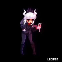 Rule 34 | aduare, alcohol, animated, breasts, crown, cup, dancing, demon girl, drinking glass, formal, helltaker, horns, large breasts, lowres, lucifer (helltaker), necktie, smile, suit, white hair, wine, wine glass