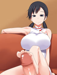 Rule 34 | 10s, 1girl, bare shoulders, barefoot, black eyes, black hair, breasts, censored, china dress, chinese clothes, couch, devil survivor, devil survivor 2, dress, feet, footjob, highres, huge breasts, kanno fumi, legs, long hair, ourakutei, penis, simple background, sitting, smile, soles, thighs, toes, twintails