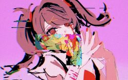 Rule 34 | 1girl, @ @, ame-chan (needy girl overdose), black nails, bleeding, blood, bloody tears, glitch, looking at viewer, mizureito, multicolored nails, needy girl overdose, open mouth, pink background, red eyes, red nails, sketch, smile, solo, steepled fingers, twintails