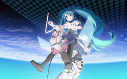 Rule 34 | 10s, 1girl, 2010, aqua eyes, aqua hair, artist name, bad id, bad pixiv id, dated, floating hair, hatsune miku, highres, instrument, legs, loafers, long hair, music, pantyhose, playing instrument, riding, shiwasu takashi, shoes, skirt, sky, smile, solo, space, star (sky), star (symbol), starry sky, theremin, twintails, very long hair, vocaloid, wallpaper