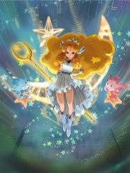 Rule 34 | 1girl, 4suke, blonde hair, boots, creature, crescent, crescent facial mark, crown, dress, drill hair, facial mark, forehead mark, frills, full body, gloves, hand on own hip, head wings, highres, jewelry, knee boots, long hair, necklace, panel de pon, seren, seren (panel de pon), smile, solo, staff, star (symbol), white dress, wings