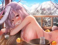 Rule 34 | 1girl, :d, ahoge, akine (kuroyuri), animal ear fluff, animal ears, bee, bent over, blush, breasts, bucket, bug, choko (cup), completely nude, copyright request, cup, day, hanging breasts, insect, large breasts, long hair, looking at viewer, mountainous horizon, nude, onsen, open mouth, outdoors, purple hair, rabbit ears, rabbit girl, rabbit tail, red eyes, smile, solo, tail, tokkuri, towel, towel on head, virtual youtuber, water, wet, wooden bucket