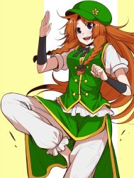 Rule 34 | 1girl, :d, arm warmers, black ribbon, blue eyes, braid, chinese clothes, clenched hand, eichi yuu, flat cap, hair ribbon, hat, hong meiling, leg up, long hair, open mouth, orange hair, puffy short sleeves, puffy sleeves, ribbon, short sleeves, simple background, smile, solo, stance, star (symbol), star pin, tangzhuang, touhou, tress ribbon, twin braids, vest, white background, yellow background