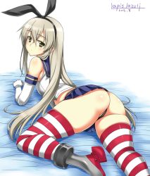 Rule 34 | 10s, 1girl, ass, black panties, blonde hair, blush, boots, elbow gloves, gloves, green eyes, hairband, high heel boots, high heels, kantai collection, long hair, looking at viewer, looking back, panties, pantyshot, personification, revision, shimakaze (kancolle), skirt, striped clothes, striped thighhighs, thighhighs, thong, umyonge (lkakeu), underwear, upskirt, white gloves