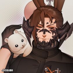 Rule 34 | 1boy, 700hash, animal ears, artist name, au ra, black gloves, black sclera, brown hair, closed mouth, colored sclera, commentary, commission, creature, english commentary, final fantasy, final fantasy xiv, freckles, gloves, hand up, highres, looking at animal, low horns, male focus, rabbit ears, smile, solo, sponge silkie (final fantasy), upper body, warrior of light (ff14), white eyes, yellow eyes
