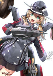 Rule 34 | 10s, 1girl, anchor hair ornament, aqua eyes, black ribbon, black skirt, blonde hair, blush, cross, dated, gloves, hair ornament, hat, highres, iron cross, kantai collection, long hair, long sleeves, looking at viewer, low twintails, machinery, microskirt, military, military hat, military uniform, open mouth, peaked cap, prinz eugen (kancolle), ribbon, skirt, smile, solo, turret, twintails, ugeppa, uniform, white gloves