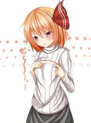 Rule 34 | 1girl, adapted costume, blonde hair, blush, cleavage cutout, clothing cutout, flat chest, hair ribbon, long sleeves, meme attire, open-chest sweater, red eyes, ribbed sweater, ribbon, roro (sghona10), rumia, skirt, solo, sweater, touhou, turtleneck