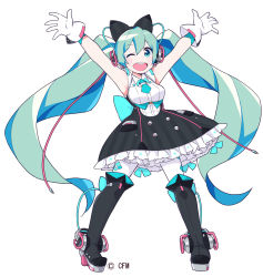 Rule 34 | 39 music (vocaloid), aqua eyes, aqua hair, armpits, arms up, bare shoulders, black bow, black skirt, black thighhighs, boots, bow, cable, commentary, crypton future media, dress, framed breasts, frilled skirt, frills, full body, gloves, hair bow, hatsune miku, headphones, high heel boots, high heels, hoop skirt, long hair, looking at viewer, magical mirai (vocaloid), magical mirai miku, mago, magical mirai miku (2016), official art, one eye closed, open mouth, outstretched arms, skirt, sleeveless, sleeveless dress, smile, solo, standing, thigh boots, thighhighs, twintails, very long hair, vocaloid, white background, white gloves, white thighhighs