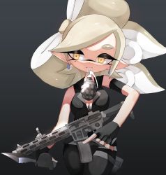Rule 34 | 1girl, armband, bad id, bad twitter id, black background, black gloves, black jacket, black pants, breasts, combat knife, cowboy shot, dual wielding, explosive, fingerless gloves, gloves, grenade, grey hair, gun, highres, holding, holding gun, holding knife, holding weapon, inkling, jacket, knife, looking at viewer, marie (splatoon), mask, medium breasts, medium hair, mole, mole under eye, mouth hold, nintendo, pants, pointy ears, pouch, simple background, sleeveless, sleeveless jacket, solo, standing, sukeo (nunswa08), swept bangs, tentacle hair, thigh pouch, thigh strap, trigger discipline, weapon, weapon request, yellow eyes