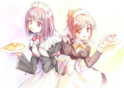 Rule 34 | 2girls, :d, apron, bell, bow, bowtie, brown eyes, brown hair, cup, food, frills, headband, looking at viewer, lowres, maid, maid apron, maid headdress, multiple girls, necktie, omelet, open mouth, parfait, parfait re-order, pink eyes, pink hair, plate, purple eyes, purple hair, ribbon, saucer, short hair, smile, takoyaki (roast), teacup, upper body, waitress, yellow bow, yellow bowtie