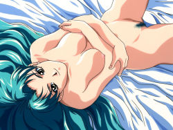 Rule 34 | 1990s (style), 1girl, aqua hair, bed sheet, breast hold, breasts, breasts apart, colored pubic hair, cowboy shot, dutch angle, female pubic hair, from above, green eyes, hair spread out, holding own arm, honjou arisa, indoors, long hair, looking at viewer, lyceen, lying, medium breasts, nipples, non-web source, nude, official art, on back, parted bangs, pubic hair, retro artstyle, seductive smile, smile, solo, spread legs, yamada masaki, zenkoku seifuku bishoujo grand prix