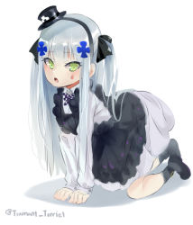 Rule 34 | 1girl, absurdres, all fours, bad id, bad pixiv id, black socks, blue hair, blush, bow, bowtie, facial mark, girls&#039; frontline, green eyes, hair ribbon, hairband, hat, highres, hk416 (black kitty&#039;s gift) (girls&#039; frontline), hk416 (girls&#039; frontline), long hair, mary janes, official alternate costume, open mouth, ribbon, shoes, side ponytail, sleeves past wrists, socks, solo, torriet, very long hair