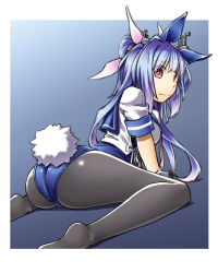 Rule 34 | 1girl, adapted costume, all fours, alto-00, animal ears, ass, back, black pantyhose, blue background, blue hair, blue leotard, blue sailor collar, breasts, fake animal ears, flower-shaped pupils, hair between eyes, hair ribbon, headgear, highres, i-19 (kancolle), kantai collection, leotard, leotard under clothes, looking at viewer, looking back, medium breasts, pantyhose, pink ribbon, playboy bunny, rabbit ears, rabbit tail, red eyes, ribbon, sailor collar, sitting, solo, symbol-shaped pupils, tail, tri tails, twintails, wariza