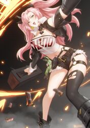 Rule 34 | 1girl, :d, arm up, black jacket, black ribbon, black shorts, black thighhighs, breasts, briefcase, cropped jacket, cutoffs, feet out of frame, green eyes, hair ribbon, highres, holding, holding briefcase, jacket, large breasts, linreplica, long hair, looking at viewer, midriff, navel, nicole demara, open clothes, open jacket, open mouth, pink hair, ribbon, shell casing, short shorts, shorts, single thighhigh, smile, solo, standing, stomach, strapless, thighhighs, thighs, tube top, two side up, very long hair, zenless zone zero