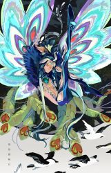 Rule 34 | 1other, abs, absurdres, androgynous, bird, blue hair, closed eyes, eyeshadow, fabulous, fate/grand order, fate (series), floating, flying, forehead jewel, full body, highres, jewelry, long hair, makeup, multicolored hair, multicolored wings, peacock feathers, pectorals, shi huang di (fate), qmiqun, revealing clothes, smile, solo, translation request, two-tone hair, very long hair, white hair, wings