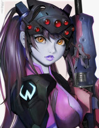 Rule 34 | 1girl, bodysuit, breasts, center opening, eyelashes, gun, head-mounted display, helmet, highres, holding, holding gun, holding weapon, large breasts, lipstick, long hair, looking at viewer, makeup, overwatch, overwatch 1, pale skin, ponytail, purple hair, purple lips, randy (awesomevillage), rifle, signature, sniper rifle, solo, upper body, visor, weapon, widowmaker (overwatch), yellow eyes