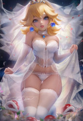 Rule 34 | 1girl, bare shoulders, blonde hair, blue eyes, breasts, bridal veil, bride, cameltoe, choker, cleavage, crown, curvy, dress, embarrassed, garter straps, gloves, groin, highleg, kneeling, looking at viewer, mario (series), medium breasts, navel, parted lips, princess peach, revealing clothes, sakimichan, simple background, solo, super mario bros. 1, super mario odyssey, thick thighs, thigh gap, thighhighs, thighs, tiara, veil, wedding dress, wide hips