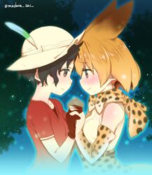 Rule 34 | 2girls, animal ears, bare shoulders, black gloves, black hair, blonde hair, blush, bow, bowtie, breasts, brown eyes, commentary request, couple, elbow gloves, extra ears, eye contact, forehead-to-forehead, gloves, hat, hat feather, heads together, holding hands, interlocked fingers, kaban (kemono friends), kemono friends, looking at another, madara sai, medium breasts, multiple girls, print bow, print bowtie, print gloves, print skirt, red shirt, serval (kemono friends), serval print, shirt, short hair, short sleeves, skirt, sleeveless, sleeveless shirt, small breasts, smile, twitter username, upper body, white headwear, white shirt, yuri