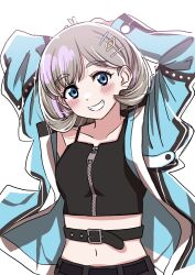Rule 34 | 1girl, absurdres, arms behind head, belt, black belt, black shirt, blue eyes, blue jacket, blush, collarbone, commentary request, cropped shirt, grey hair, hair ornament, hairclip, highres, jacket, long sleeves, looking at viewer, love live!, love live! superstar!!, midriff, navel, open clothes, open jacket, rinon42600, shirt, short hair, smile, solo, standing, tang keke, upper body, white background, zipper