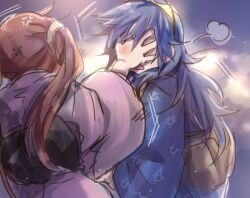 Rule 34 | 2girls, angry, blue hair, blush, fire emblem, fire emblem awakening, hand on another&#039;s face, japanese clothes, kimono, long hair, long sleeves, lucina (fire emblem), multiple girls, nintendo, official alternate costume, open mouth, red hair, severa (fire emblem), shippo3101, tiara, twintails, wide sleeves, yukata