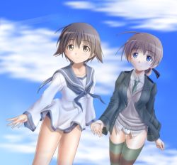 Rule 34 | 2girls, blouse, blue eyes, blush, braid, breasts, brown eyes, brown hair, contrail, day, holding hands, lynette bishop, miyafuji yoshika, multiple girls, mushoku no hourousha, no pants, one-piece swimsuit, panties, school swimsuit, school uniform, shirt, short hair, small breasts, smile, strike witches, striped, swimsuit, swimsuit under clothes, thighhighs, underwear, uniform, white shirt, world witches series