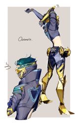 Rule 34 | 1boy, animification, apex legends, blue gloves, blue hair, blue jacket, boots, clothing cutout, fast fashion octane, from behind, from side, gloves, goggles, gold footwear, hair slicked back, high heel boots, high heels, jacket, male focus, mask, armored boots, miluchi, mouth mask, multiple views, octane (apex legends), official alternate costume, stomach cutout, stretching