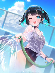 Rule 34 | 1girl, ;d, amatou (ko me 9), black hair, black one-piece swimsuit, blue eyes, blue sky, cloud, covered navel, empty pool, fortissimo, hair ornament, highres, holding, holding hose, hose, indie virtual youtuber, looking at viewer, musical note, musical note hair ornament, o-ring collar, one-piece swimsuit, one eye closed, open mouth, pool, railing, see-through, shirt, short hair, short sleeves, sky, smile, solo, summer, swimsuit, swimsuit under clothes, t-shirt, tied shirt, twintails, virtual youtuber, water, wet, wet clothes, wet shirt, white shirt, wing tung, wristband
