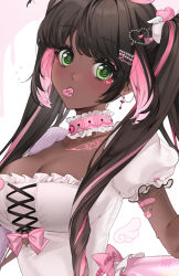 Rule 34 | 1girl, :3, bandaid, beads, bow, breasts, brown hair, character name, chocolate, cleavage, collar, collarbone, colored inner hair, cross, cross-laced clothes, dark-skinned female, dark skin, dress, ear piercing, fluffy, flying sweatdrops, food in mouth, frilled dress, frills, gem, green eyes, hair tie, heart, highres, large breasts, latin cross, miu (unxi), multicolored hair, my melody, original, pearl (gemstone), piercing, pink bow, pink hair, puffy short sleeves, puffy sleeves, ringed eyes, short sleeves, simple background, streaked hair, sweat, tattoo, unxi, white background