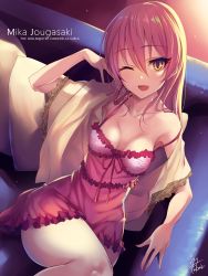Rule 34 | 10s, 1girl, ;d, artist name, breasts, character name, cleavage, collarbone, copyright name, eyebrows, eyelashes, fang, fukai ryosuke, idolmaster, idolmaster cinderella girls, idolmaster cinderella girls starlight stage, jougasaki mika, long hair, nightgown, one eye closed, open mouth, pink hair, signature, smile, solo, yellow eyes