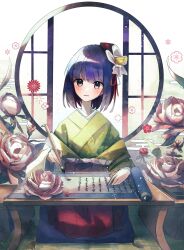 Rule 34 | 1girl, absurdres, blush, calligraphy, calligraphy brush, commentary request, flower, green kimono, hair flower, hair ornament, hieda no akyuu, highres, holding calligraphy brush, holding paintbrush, japanese clothes, jigsaw paru, kimono, long sleeves, looking at viewer, open mouth, paintbrush, purple eyes, purple hair, scroll, seiza, short hair, sitting, solo, touhou, wide sleeves, writing