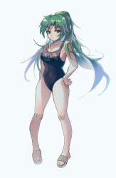Rule 34 | 1girl, breasts, copyright request, green eyes, green hair, hand on own hip, highres, itooku, large breasts, long hair, looking at viewer, one-piece swimsuit, sandals, smug, swimsuit, white background
