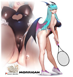 Rule 34 | 1girl, absurdres, ass, bat wings, breasts, character name, demon girl, from below, full body, gluteal fold, green hair, head wings, highres, hu dako, large breasts, legs, lips, long hair, looking at viewer, mole, mole on ass, morrigan aensland, patreon username, racket, shoes, simple background, smile, solo, standing, sweat, tennis racket, thighs, vampire (game), white background, white footwear, wings, yellow eyes