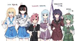 Rule 34 | 6+girls, :3, :d, :p, ahoge, an sin, animal, aqua eyes, arm at side, arm up, asymmetrical bangs, bangs pinned back, beret, black dress, black hairband, black headband, black jacket, black ribbon, black wristband, blonde hair, blue eyes, blue flower, blue neckerchief, blue sailor collar, blue skirt, braid, braided bangs, breast pocket, brown headwear, brown ribbon, buttons, center frills, chizuru (madoka magica), clenched hands, closed mouth, collared dress, collared shirt, cone hair bun, contemporary, cowboy shot, cropped jacket, daito academy school uniform, dog, double bun, dress, ebony (madoka magica), expressionless, flower, frilled shirt, frills, green eyes, green hair, green shirt, green skirt, gunhild (madoka magica), hair bun, hair flower, hair ornament, hairband, hand on own hip, hand up, hat, headband, heruka (madoka magica), highres, holding, holding animal, holding sword, holding weapon, jacket, jewelry, korean text, layered sleeves, long hair, long sleeves, magia record: mahou shoujo madoka magica gaiden, mahou shoujo madoka magica, minaminagi liberty academy school uniform, miniskirt, mizuna girls&#039; academy school uniform, mizuna tsuyu, multicolored hair, multiple girls, neck ribbon, neckerchief, necklace, necktie, nihongami, olga (madoka magica), open mouth, peter pan collar, pink eyes, pink hair, plaid, plaid skirt, pleated skirt, pocket, ponytail, puffy short sleeves, puffy sleeves, purple hair, purple ribbon, purple shirt, purple skirt, red eyes, red hair, red shirt, red skirt, ribbon, ring, sailor collar, sailor shirt, sankyoin academy school uniform, school emblem, school uniform, serafuku, shirt, shirt under shirt, short hair, short over long sleeves, short sleeves, side braids, sidelocks, simple background, skirt, smile, st. liliana&#039;s academy school uniform, streaked hair, striped wristband, sword, tongue, tongue out, twintails, two-tone hair, undone necktie, v-shaped eyebrows, very long hair, weapon, white background, white shirt, white sleeves, wing collar